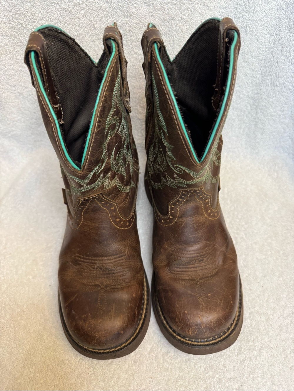Justin Boots Brown Leather Western Boots with Teal Stitching